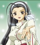  1girl ahoge black_hair bow bracelet breasts brown_eyes earrings hair_bow hairband huge_ahoge jacket jewelry kagura_chizuru king_of_fighters kip large_breasts long_hair outstretched_hand sash smile solo taut_clothes 