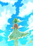  clouds dress from_behind green_hair green_straight_(vocaloid) gumi highres leaf short_hair sky solo vient vocaloid white_dress wind 