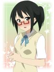  black_hair blush bow extra face glasses ikari_manatsu k-on! miyamoto_akiyo nodoka_glasses open_mouth ponytail red-framed_glasses school_uniform semi-rimless_glasses short_hair solo sweater_vest under-rim_glasses 