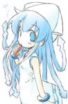  blue_hair bracelet eating hat ikamusume jewelry long_hair nishizaki_eimu shinryaku!_ikamusume shrimp solo tentacle_hair tentacles 
