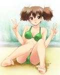  barefoot bikini brown_eyes brown_hair double_v feet hands k-on! kaiga short_hair smile soles solo suzuki_jun swimsuit toes v 