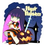  eating halloween jack-o'-lantern nagian official_style panty_&amp;_stocking_with_garterbelt pudding pumpkin smile solo stocking_(character) stocking_(psg) sword thighhighs weapon 