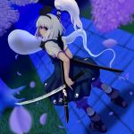  bob_cut boots cherry_blossoms ghost hairband ishikkoro katana konpaku_youmu konpaku_youmu_(ghost) looking_back myon petals scabbard sheath short_hair silver_hair solo sword touhou weapon white_hair 