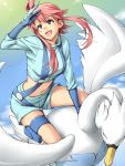  clouds crop_top fuuro_(pokemon) gloves gym_leader hair_ornament long_hair midriff navel nintendo open_mouth pink_hair pokemon pokemon_(game) pokemon_black_and_white pokemon_bw redhead short_shorts shorts sky suspenders swanna tatsuhiko_(pasutaya) 