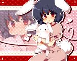  animal_ears bad_id black_hair blush bunny bunny_ears bunny_tail face heart heart_of_string hug inaba_tewi matatabi_maru rabbit rabbit_ears red_eyes short_hair solo stuffed_animal stuffed_bunny stuffed_toy tail touhou zoom_layer 