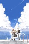  airplane bird blonde_hair closed_eyes cloud clouds condensation_trail hair_ribbon kamio_haruko kamio_misuzu kunisaki_yukito long_hair ocean outstretched_arms pier red_hair redhead ribbon seagull sky smile spread_arms stairs tko_(artist) walking water white_hair 