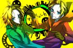  alternate_hairstyle bad_id blonde_hair brother_and_sister crazy_eyes gloves grin hoodie kagamine_len kagamine_rin matryoshka_(vocaloid) multicolored_eyes short_hair siblings smile supaidaman sweater twins vocaloid yellow_eyes 