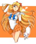  artemis_(sailor_moon) bad_id bishoujo_senshi_sailor_moon blonde_hair blue_eyes cat choker elbow_gloves gloves hitachi long_hair magical_girl orange_(color) orange_background sailor_senshi sailor_venus tiara wink 