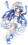  aqua_eyes armpits arms_up blue_eyes blue_hair bracelet dress frills from_above hat ikamusume jewelry katahira_masashi lace lolita_fashion long_hair lying nail_polish on_back shinryaku!_ikamusume smile solo 