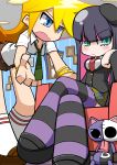  aqua_eyes blonde_hair blue_eyes crossed_legs highres honekoneko_(psg) multiple_girls necktie panty_&amp;_stocking_with_garterbelt panty_(character) panty_(psg) purple_hair school_uniform shinobu-sakura sitting skirt stocking_(character) stocking_(psg) striped striped_legwear striped_thighhighs stuffed_animal stuffed_toy thigh-highs thighhighs 