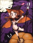  boots brown_eyes brown_hair bunny cape fang flat_chest frills gloves halloween hand_on_hat hand_on_head hat idolmaster idolmaster_2 long_hair minase_iori moon navel open_mouth perspective pumpkin rabbit short_shorts shorts solo standing_on_one_leg ttomm wand witch_hat 