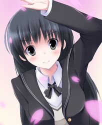  1girl amagami ayatsuji_tsukasa bad_id black_eyes black_hair cherry_blossoms long_hair okome_(minagisama) school_uniform solo 