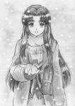  asakura_ryouko bag coat fujita_(speedlimit) highres long_hair monochrome scarf school_uniform snow suzumiya_haruhi_no_shoushitsu suzumiya_haruhi_no_yuuutsu traditional_media 