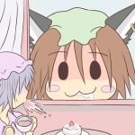 animal_ears blush_stickers cake cat_ears chen drooling earrings food giantess hat jewelry monsterheart remilia_scarlet short_hair spit_take spitting surprised tea touhou 