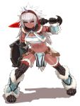  boots dark_skin gloves hairband highres horn kirin_(armor) loincloth long_hair midriff monster_hunter navel red_eyes shield simple_background sword tan thigh-highs thighhighs thighs weapon white_hair yu_65026 