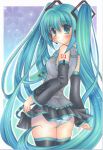  aqua_eyes aqua_hair blush detached_sleeves from_behind hatsune_miku headset long_hair looking_back necktie panties pantyshot shinonome86 skirt solo striped striped_panties thigh-highs thighhighs traditional_media twintails underwear very_long_hair vocaloid 