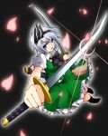  blue_eyes dual_wielding hairband katana konpaku_youmu petals puresso short_hair silver_hair solo sword touhou weapon 