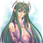  breasts cleavage detached_sleeves fire_emblem fire_emblem:_mystery_of_the_emblem green_eyes green_hair headdress long_hair lowres nagi_(fire_emblem) ohmi_blue pointy_ears see-through 
