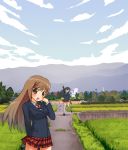  blush brown_eyes brown_hair foreshortening grass hair_flip kuroba_(f-15c_eagle) long_hair mountain multiple_girls open_mouth original plaid plaid_skirt rural scenery school_uniform skirt sky smile waving 