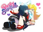  blonde_hair blue_eyes blue_hair bow grin gun hair_bow heart kumaru long_hair multiple_girls official_style panty_&amp;_stocking_with_garterbelt panty_(character) panty_(psg) smile stocking_(character) stocking_(psg) striped striped_legwear striped_thighhighs sword thigh-highs thighhighs weapon 