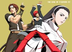  1girl 2boys black_hair breasts brown_eyes brown_hair choker earrings fingerless_gloves gloves grey_eyes hair_over_one_eye hairband headband jacket jewelry kagura_chizuru king_of_fighters king_of_fighters_97 kusanagi_kyou long_hair multiple_boys muscle redhead satoshi_(artist) short_hair simple_background sleeves_rolled_up yagami_iori 