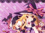  blonde_hair boots bow braid breasts brown_eyes candy chin_rest cleavage gloves grin hair_bow halloween hat high_heels kirisame_marisa lollipop long_hair lying nunucco on_stomach shoes smile solo star striped striped_legwear striped_thighhighs teeth thigh-highs thighhighs touhou witch witch_hat 