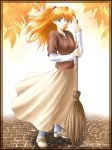  1girl broom leaf long_skirt neon_genesis_evangelion orange_hair skirt solo souryuu_asuka_langley wind 