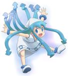  blue_eyes blue_hair dress hat ikamusume jumping kanimono long_hair shinryaku!_ikamusume solo tentacle_hair tentacles 