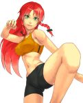  and bike_shorts bow braid breasts fighting_stance green_eyes hair_bow hong_meiling leg_lift leg_up long_hair midriff navel red_hair redhead simple_background smile solo sports_bra spread_legs touhou twin_braids 