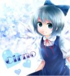  blue_eyes blue_hair bow character_name cirno crystal fairy grin hair_bow heart itsuya short_hair smile solo touhou wings 