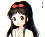  1girl ayu_(mog) black_eyes black_hair bow bust character_request copyright_name face hair_bow japanese_clothes kimono long_hair looking_at_viewer lowres open_mouth ore_wa_chokkaku ponytail solo 