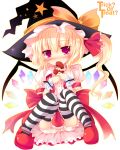  blonde_hair bloomers blush bow broken_heart flandre_scarlet hair_bow halloween hat heart mouth_hold panties pantyshot pantyshot_sitting purple_eyes short_hair side_ponytail sitting solo striped striped_legwear striped_thighhighs thigh-highs thighhighs touhou underwear violet_eyes wings witch_hat wrist_cuffs 