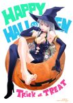 boots breasts candy cleavage crazy_clover_club crossed_legs dress elbow_gloves feet gloves halloween hat jack-o&#039;-lantern jack-o'-lantern lollipop nail_polish original pumpkin shirotsumekusa single_shoe sitting solo thigh-highs thighhighs toes witch_hat 