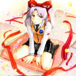  blush brown_eyes confetti hair_ribbon hand_between_legs holysnow hoshino_ruri kidou_senkan_nadesico necktie purple_hair ribbon sitting skirt socks twintails vest wariza 