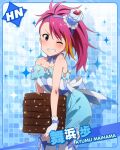  1girl ;d character_name chocolate dress food food_themed_clothes gloves hair_ornament hairband idolmaster idolmaster_million_live! looking_at_viewer maihama_ayumu multicolored_hair one_eye_closed open_mouth pink_hair ponytail smile wavy_mouth 