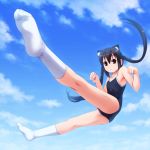  black_hair brown_eyes cat_ears cat_pose feet foreshortening k-on! kneepits long_hair nakano_azusa one-piece_swimsuit paw_pose pov_feet sayousuke school_swimsuit socks swimsuit twintails 