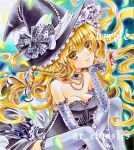  bare_shoulders blonde_hair braid breasts bustier candy cleavage detached_sleeves elbow_gloves fingerless_gloves gloves hat jewelry kirisame_marisa lingerie lollipop marker_(medium) necklace sample thighhighs touhou traditional_media underwear white_legwear witch_hat yellow_eyes 