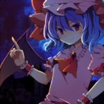  blue_hair brown_eyes dark_clouds hat night night_sky pointing red_eyes remilia_scarlet ruxun short_hair sky smile solo touhou wings wrist_cuffs wristband 