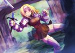  blonde_hair broken brown_eyes dress dutch_angle final_fantasy final_fantasy_tactics headband kara_(color) open_mouth solo squire_(fft) sweat sword taut_shirt tears thigh-highs thighhighs weapon 