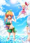  bow cloud clouds flandre_scarlet hair_bow highres hong_meiling izayoi_sakuya remilia_scarlet sky submerged sun swimsuit tomcho touhou water 