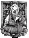  book bookshelf bow buttons crescent crescent_moon eyelashes hair_bow hair_ribbon hand_on_hip hat head_tilt highres long_hair monochrome nobita patchouli_knowledge ribbon robe sidelocks solo standing touhou 