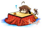  ahoge animal_ears brown_hair closed_eyes food fruit kotatsu mandarin_orange mikan original solo table tail 