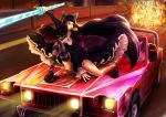  action car doughnut dress explosion fire food highres hummer long_sleeves looking_back minusion motor_vehicle mouth_hold nail_polish one_knee panty_&amp;_stocking_with_garterbelt see-through_(psg) stocking stocking_(psg) sword thighhighs vehicle weapon 