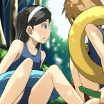  bare_shoulders black_hair brown_hair cucumber haruyama innertube kumashiro_maya kuroki_ami lowres multiple_girls one-piece_swimsuit seikimatsu_occult_gakuin swimsuit young 