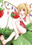  :t blonde_hair feet flandre_scarlet food foreshortening fruit highres leaf legs minigirl one-piece_swimsuit ponytail red_eyes red_school_swimsuit rindou_(faker&#039;s_manual) rindou_(faker's_manual) school_swimsuit short_hair side_ponytail slit_pupils soles solo strawberry swimsuit toes touhou wings 