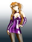  blue_eyes breasts cleavage detached_sleeves fingernails hand_on_hip neon_genesis_evangelion pantyhose red_hair redhead shiny solo souryuu_asuka_langley winbay01 