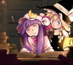  2girls bangs blonde_hair blue_eyes blunt_bangs book bookshelf braid buttons closed_eyes crescent crescent_moon face hair_ribbon hand_on_hat hat kirisame_marisa lantern library long_hair multiple_girls patchouli_knowledge purple_hair ribbon ryuhey sleeping stare touhou voile witch_hat z 