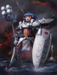  anchor armor blue_hair chinese_flag destroyer ericsakura fang firing flag gun hammer highres mecha_musume midriff military missile navel ocean people's_republic_of_china_flag radar red_eyes shield ship solo water weapon 