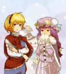  alice_margatroid blonde_hair blue_eyes bow buttons crescent doll hair_bow hairband hat long_hair ma-hain-scarlet mittens multiple_girls patchouli_knowledge purple_eyes purple_hair red_eyes scarf shanghai shanghai_doll short_hair snowman touhou violet_eyes witch_hat 