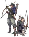  arrow back-to-back belt boots bow bow_(weapon) brown_hair cloak gloves hat highres kneeling knife long_hair official_art quiver simple_background square_enix standing tactics_ogre weapon yoshida_akihiko 